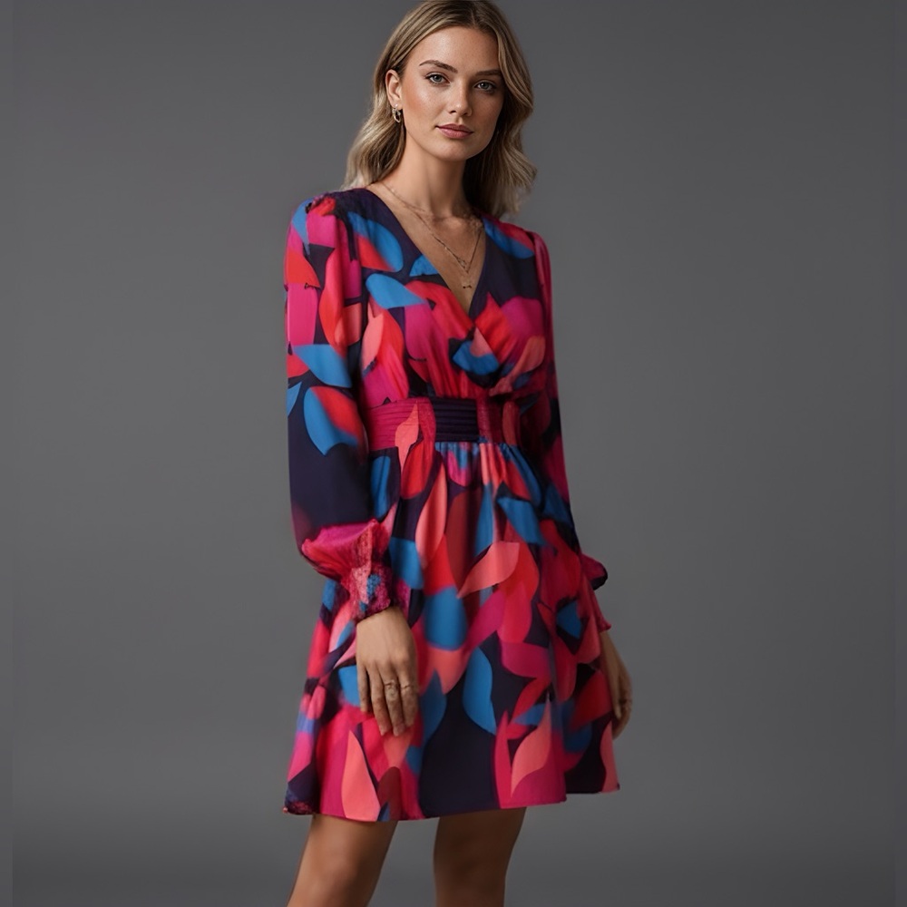 Shirred Bishop Cuff Sleeve A-line Dress